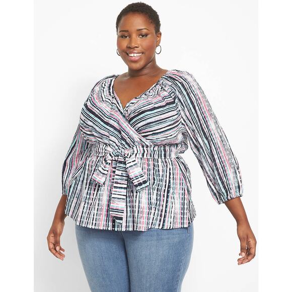 Lane Bryant Size 18 20 Classic 3/4-Sleeve V-Neck Belted Blouse Top Pink Cotton - Picture 1 of 6